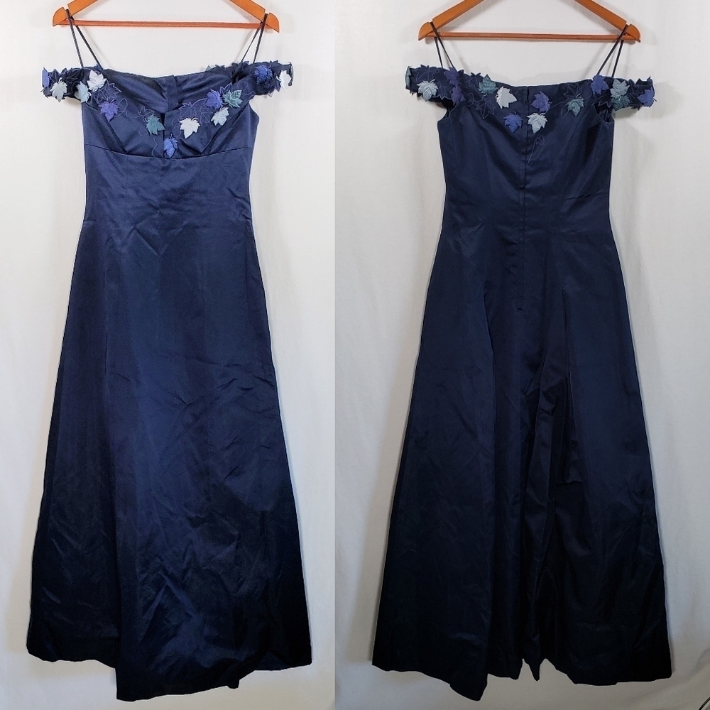 Richard Tyler Couture Navy Blue Satin Dress with Maple Leaf design  Size 10